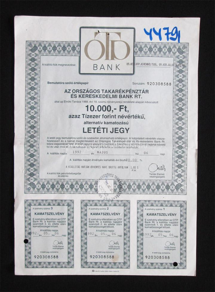 Országos Takarékpénztár (OTP) letéti jegy 10000 forint 1992